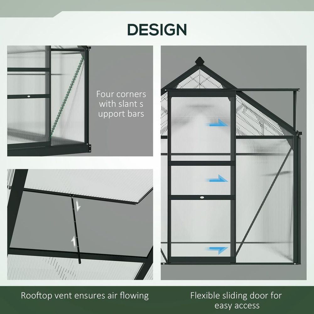 Polycarbonate Walk-In Greenhouse - Aluminium Frame - 6x6ft - Slide Door