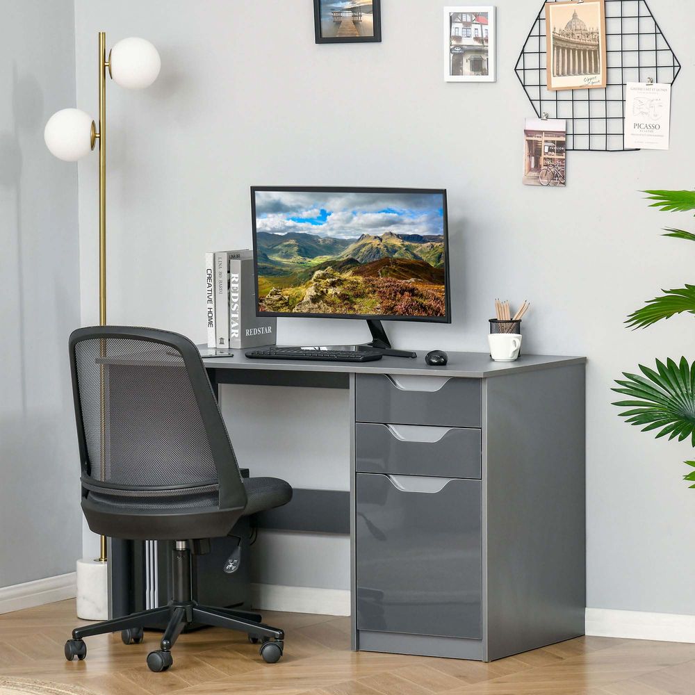 Grey Computer Desk: Workstation with Drawers - Efficient