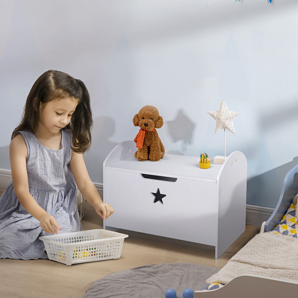 Kids Wooden Toy Box Organizer Children's Toy Storage with Lid Safety Hinge Side Handle Playroom Furniture White