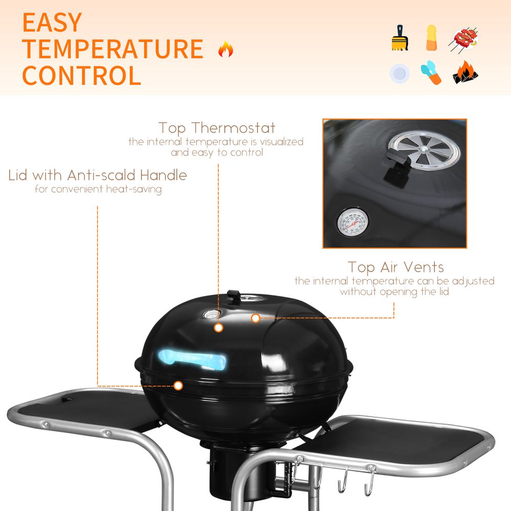 Garden Trolley BBQ Grill - Black - High-Temperature Enamel - Portable & Spacious - Ideal for Outdoor Grilling