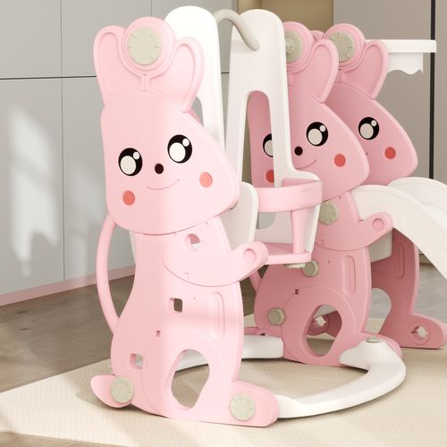 4 in 1 Kids Slide and Swing Set with Climber, Basketball Hoop, Pink