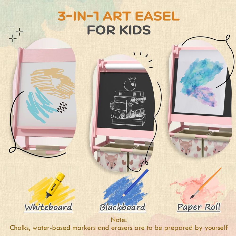 Kids Easel with Paper Roll, 3 in 1 Art Easel for Children, with Blackboard, Whiteboard, Storage Baskets, Pink