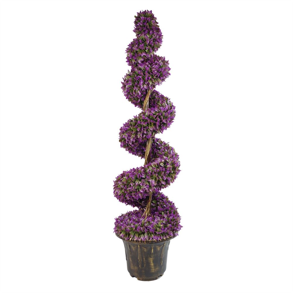 120cm Purple Large Leaf Spiral w/ Decorative Planter - Realistic Artificial Boxwood Tree - Indoor/Outdoor Use