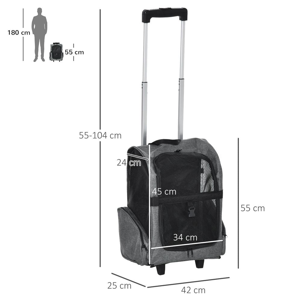 Pet Travel Backpack Bag Cat Puppy Dog Carrier w/ Trolley and Telescopic Handle Portable Stroller Wheel Luggage Bag (Grey)
