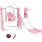 4 in 1 Kids Slide and Swing Set with Climber, Basketball Hoop, Pink