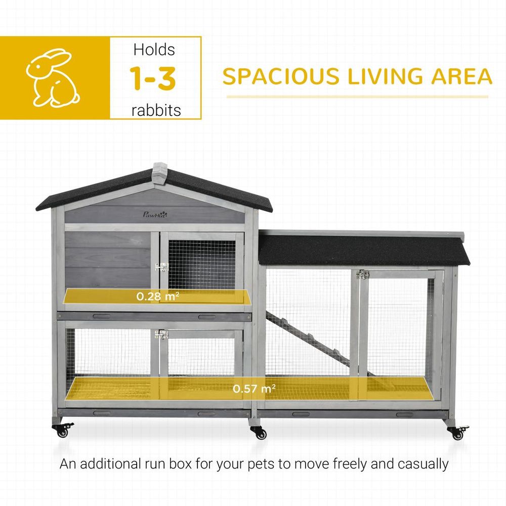 Wooden Rabbit Hutch & Guinea Cage - Slide-Out Tray, Ramp, Wheels, Easy Assembly - Light Grey