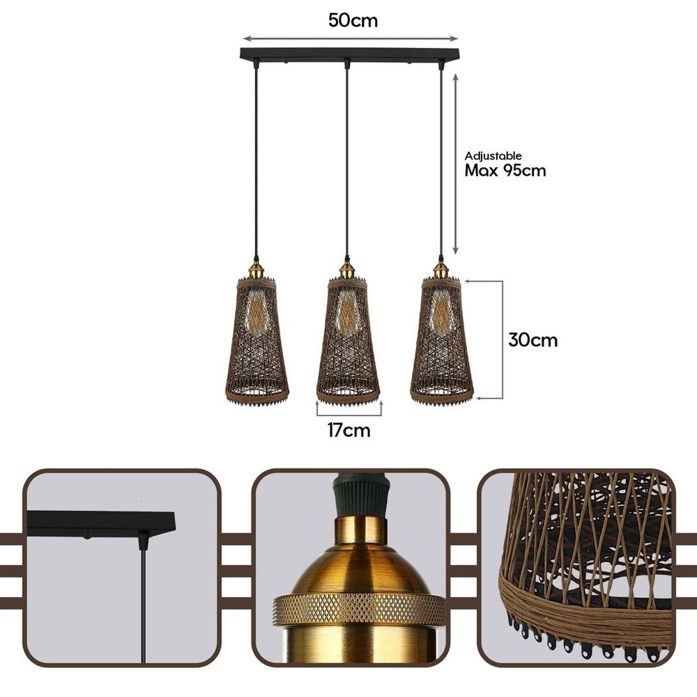 Retro Industrial Vintage Rattan Ceiling Pendant - 3 Head Natural Wicker Basket Style - Materials - Dimmable - Free Shipping