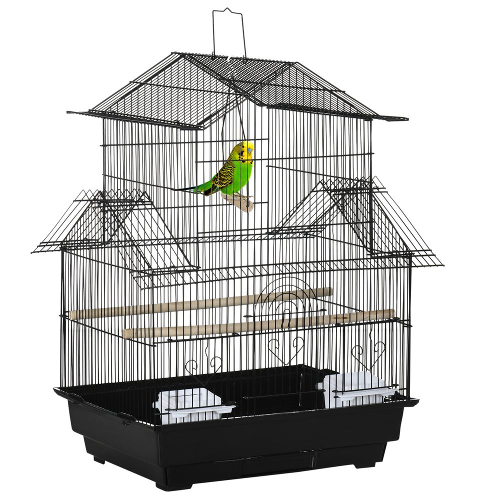 Metal Bird Cage w/ Plastic Perch & Food Container - 50.5x40x63cm - Black