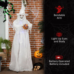 74 Inch Halloween Decorations White Witch Holding Pumpkin Head, Standing Skeleton Ghost Prop Life Size with Light Up Eyes and Body