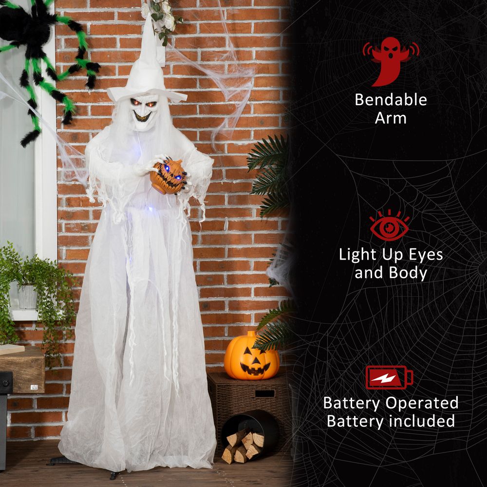 74 Inch Halloween Decorations White Witch Holding Pumpkin Head, Standing Skeleton Ghost Prop Life Size with Light Up Eyes and Body