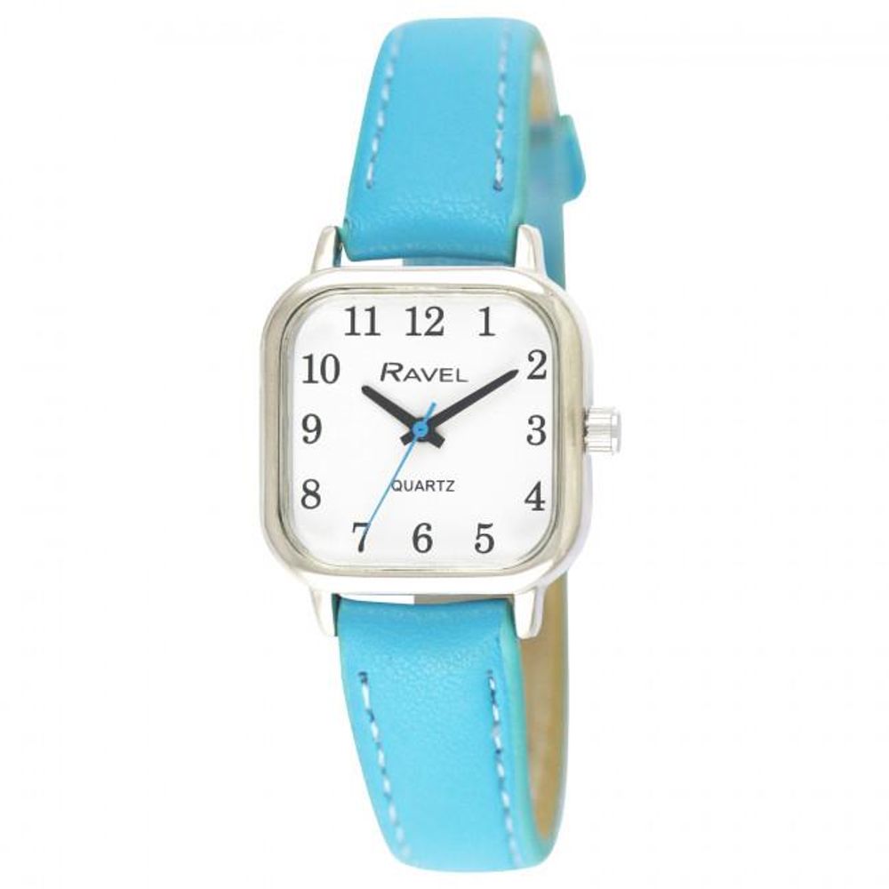 Ladies Cushion Watch Bright Blue - Leather Strap, Easy Read Hands
