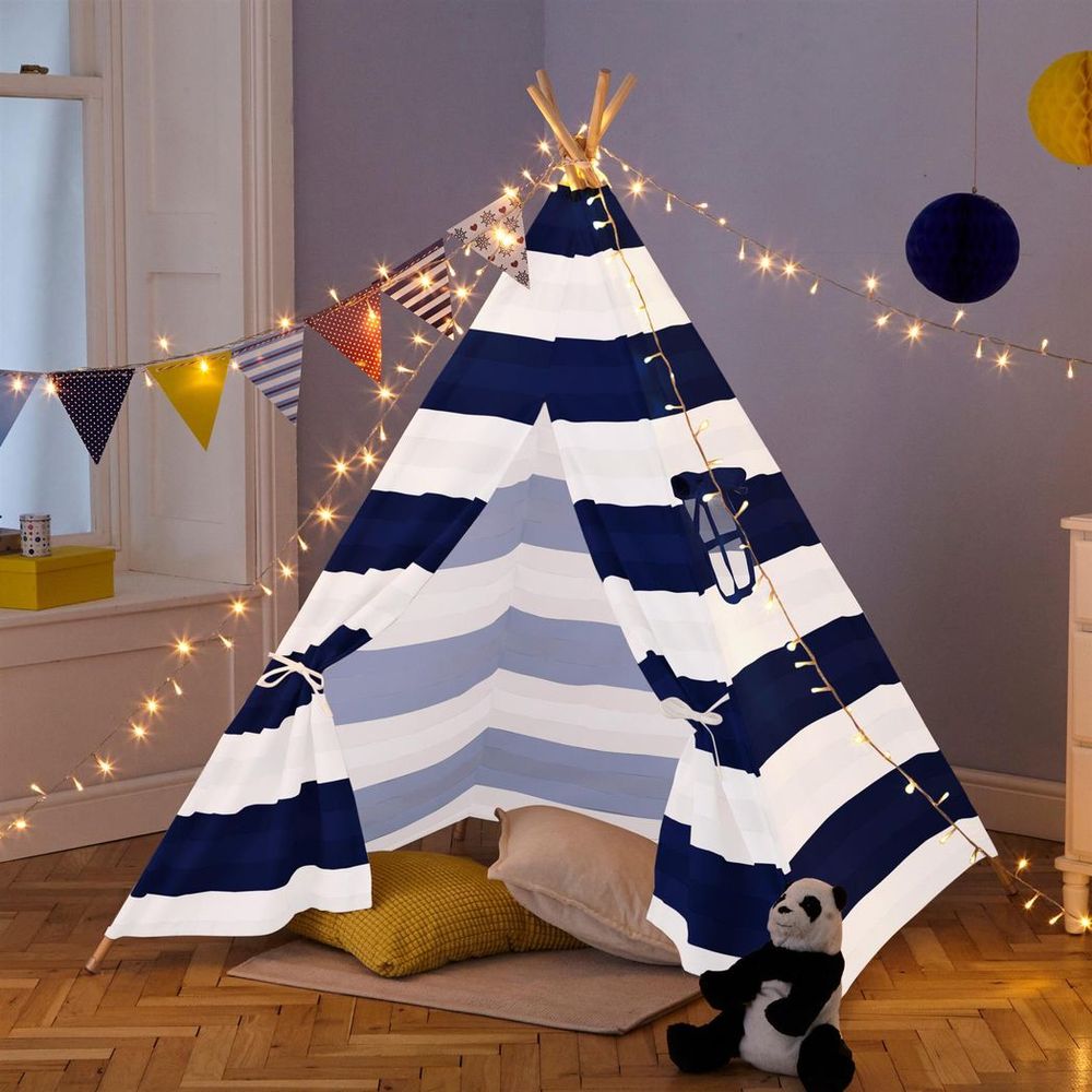 Neo Navy & White Stripe Kids Teepee - Quality Canvas Indian Tent for Hours of Fun