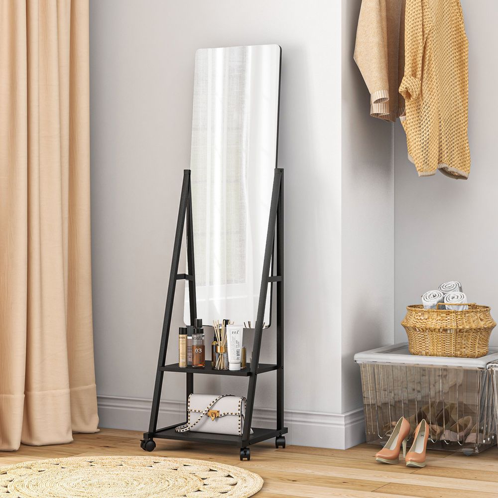 Movable Full Length Mirror with 2 Shelves - Adjustable, Full Body