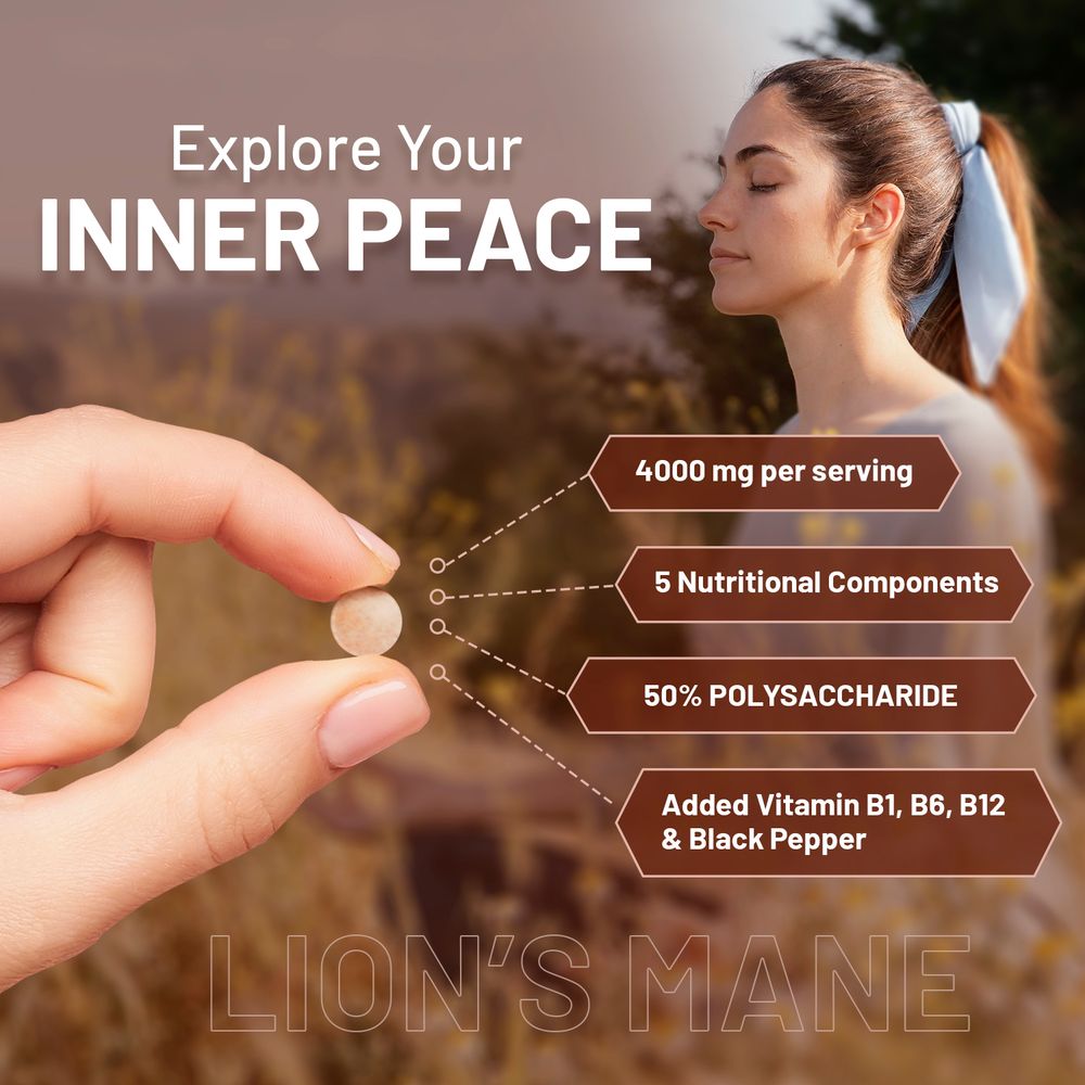 Lions Mane Mushroom Supplement 4000mg with Vitamin B1, B6, B12 & Black Pepper - 180 Super Strength Vegan Tablets with 50% Polysaccharides (Not Powder or Capsules) | Made in The UK