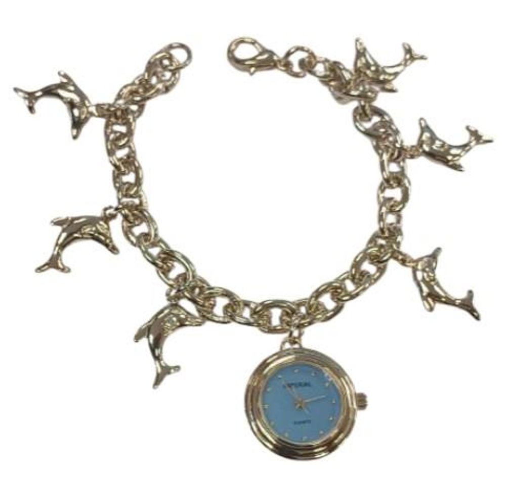 Ladies Girls Mini Dial with Hanging DOLPHIN Charms on Bracelet Strap Watch Gift Set (AL) - NEEDS RE-BATTERY