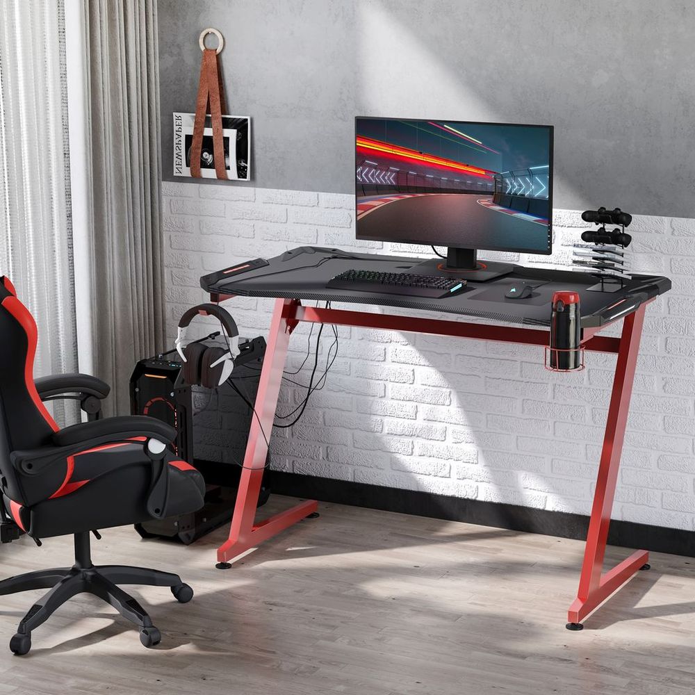 Gaming Desk: Gamepad Holder, Cup Holder, Headphone Hook - Home Office