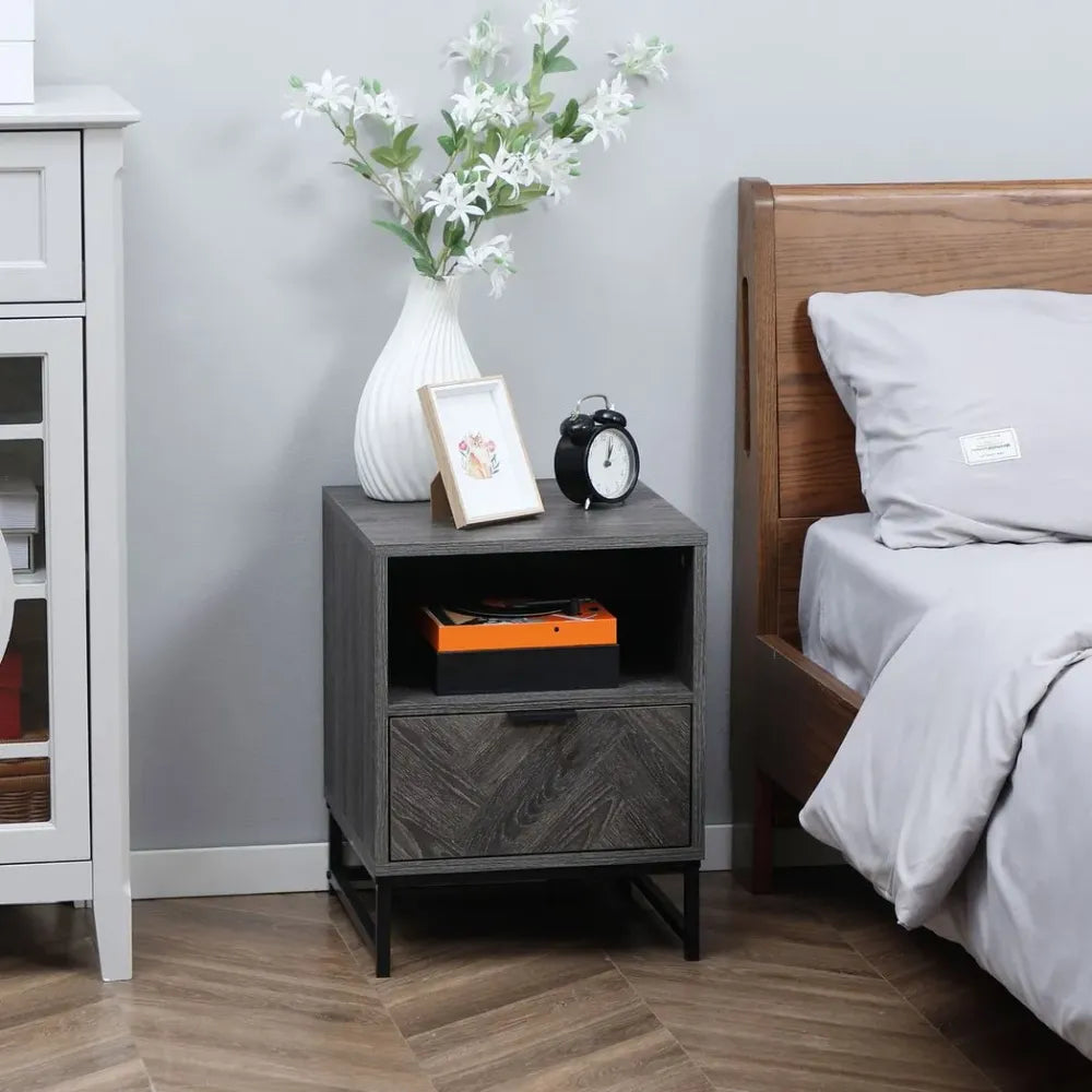 Nightstand with Drawer & Shelf - End Table for Living Room & Bedroom - Design