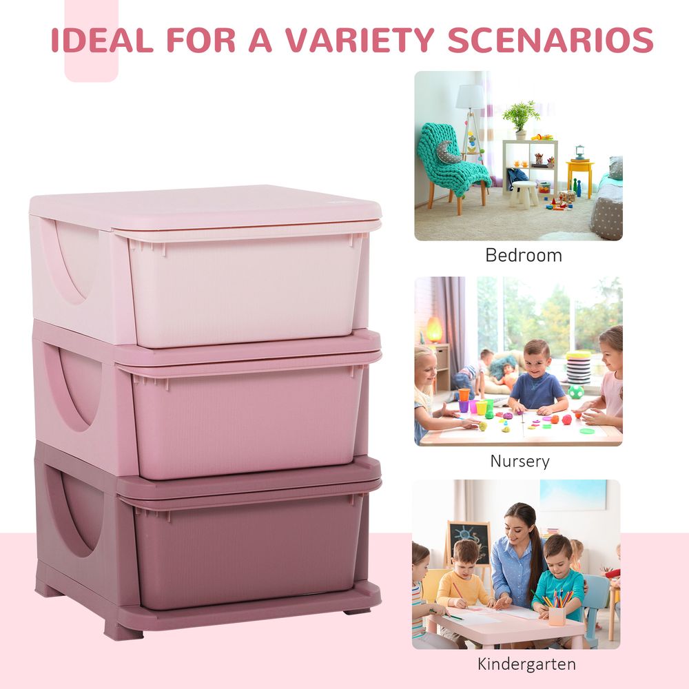 Kids Storage Units with 3 Drawers 3 Tier Chest Vertical Dresser Tower Toy Organizer for Nursery Playroom Kindergarten Pink