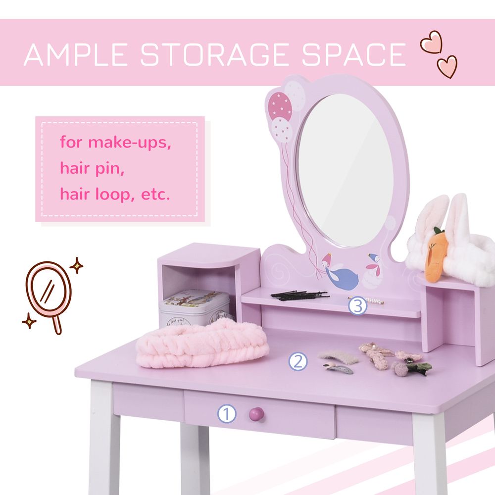Kids Dressing Table Set w/ Storage & Mirror - Pink