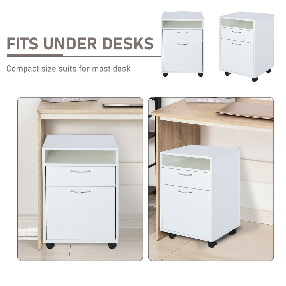 60cm Storage Cabinet w/Drawer Open Shelf Metal Handles 4 Wheels Office Home Organiser Mobile Printer White
