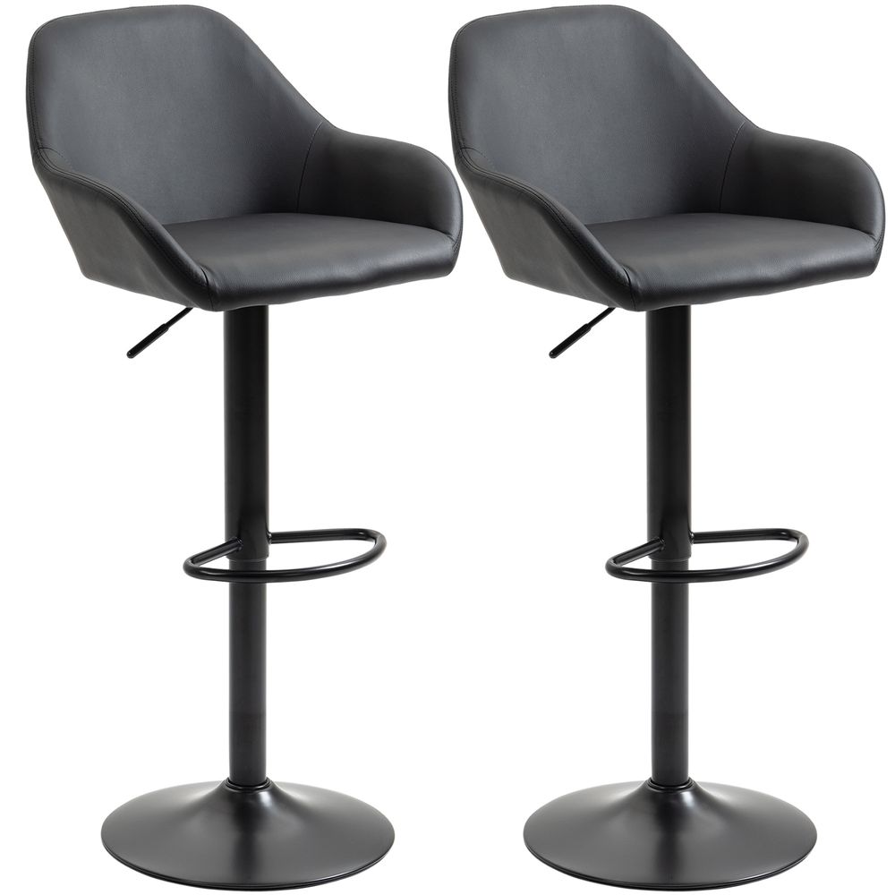 Swivel Barstools - Set of 2 - PU Leather - Footrest - Backrest - Black