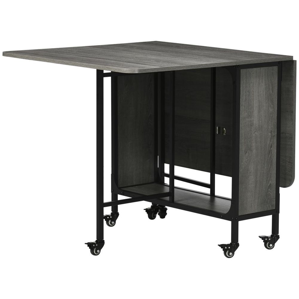 Mobile Drop Leaf Table Folding Kitchen Table Extendable Dining Table For Small Spaces With 6 Wheels & Storage Shelf Grey