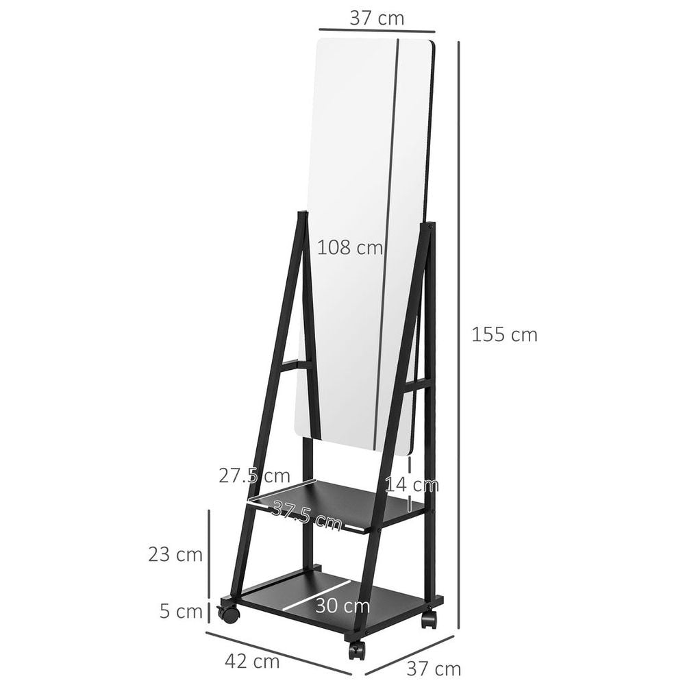 Movable Full Length Mirror with 2 Shelves - Adjustable, Full Body