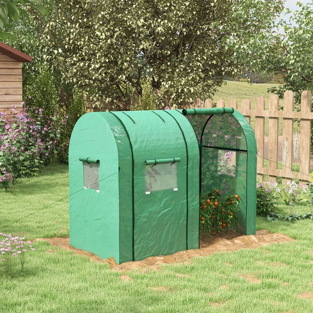 Tomato Greenhouse with 2 Roll-up Doors and 4 Mesh Windows, Green