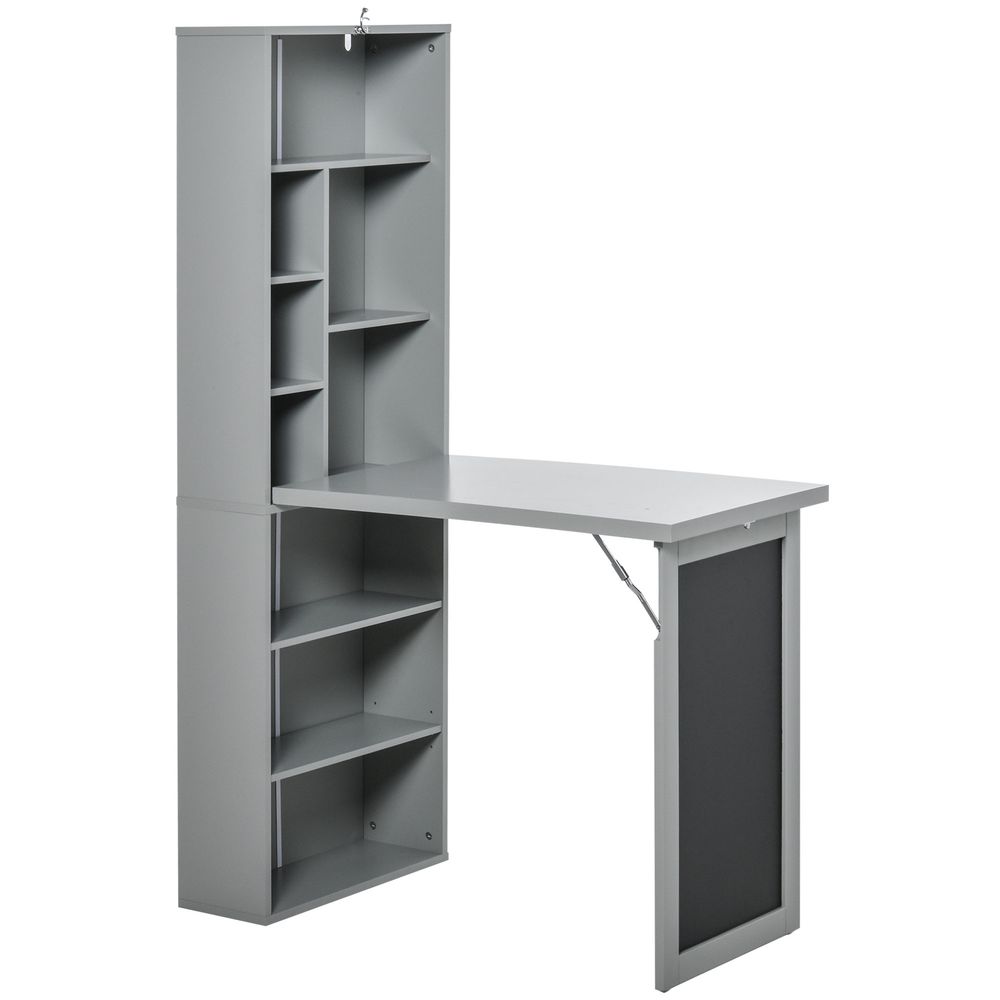 Fold-out Convertible Writing Desk Wall Mount Cabinet with Blackboard and Side Shelf Multi-Function Home Office Workstation, Grey 98 x 51 cm