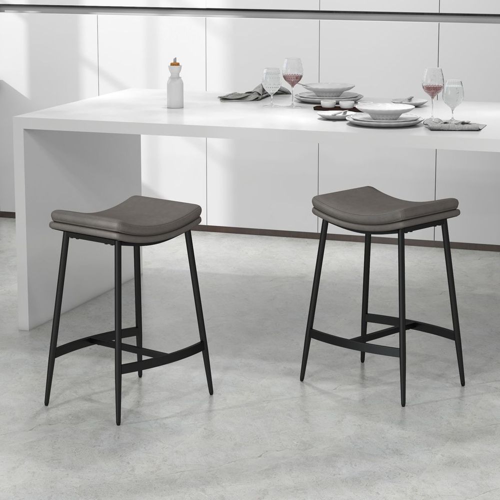 Upholstered Bar Stools Set of 2 - Curved Seat - Grey