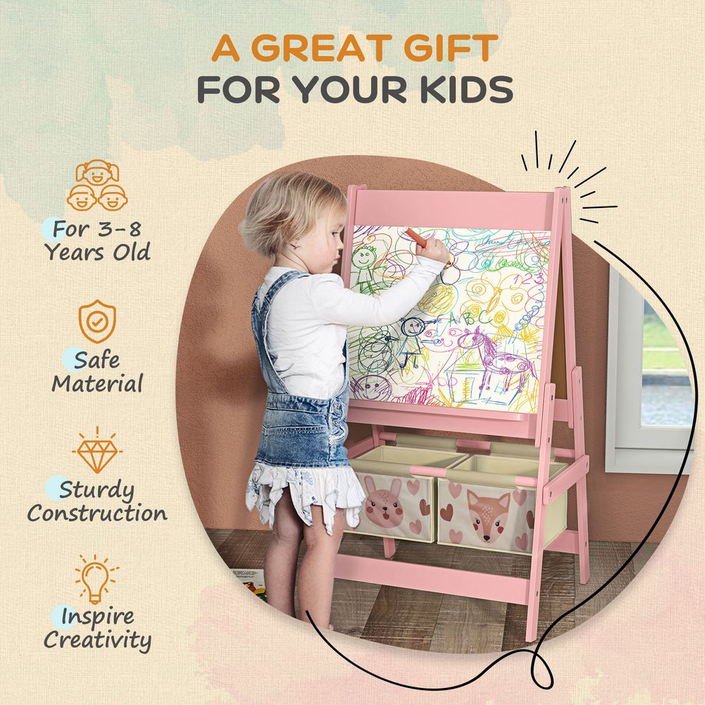 Kids Easel with Paper Roll, 3 in 1 Art Easel for Children, with Blackboard, Whiteboard, Storage Baskets, Pink