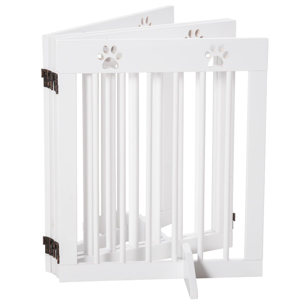 Freestanding Pet Gate 4 Panel Wooden Dog Barrier Folding Safety Fence with Support Feet up to 204cm Long 61cm Tall for Doorway Stairs White