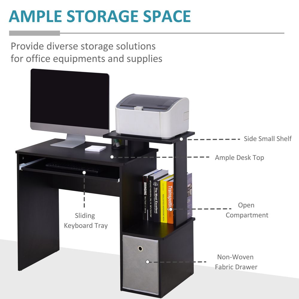 Black Computer Desk with Sliding Keyboard Tray & Storage Drawer - Unique Design