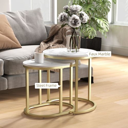 2 Pcs Coffee Table with Faux Marble Side Accent Tables White