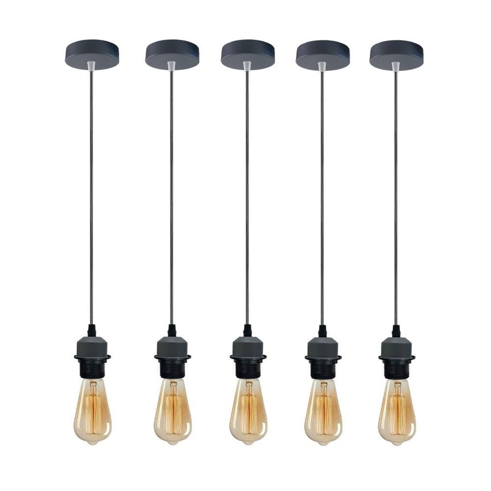 5 Pack Industrial Grey Pendant Light, Lampshade Addable E27 Lamp Holder Light