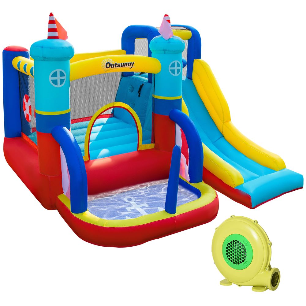 4 in 1 Kids Bouncy Castle Large Sailboat Style Inflatable House Slide Trampoline Water Pool Climbing Wall with Blower Carrybag for Kids Age 3-8, 2.65 x 2.6 x 2m