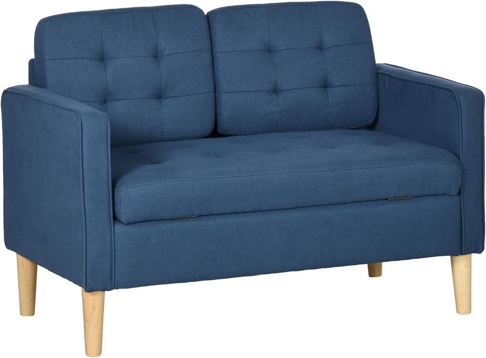 Compact Loveseat Sofa 2 Seater Sofa with Storage and Wood Legs Blue