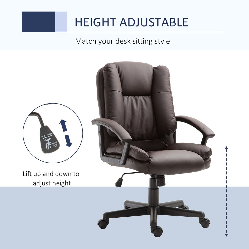 Office Chair, Faux Leather Computer Desk Chair, Mid Back Executive Chair with Adjustable Height and Swivel Rolling Wheels for Home Study, Brown