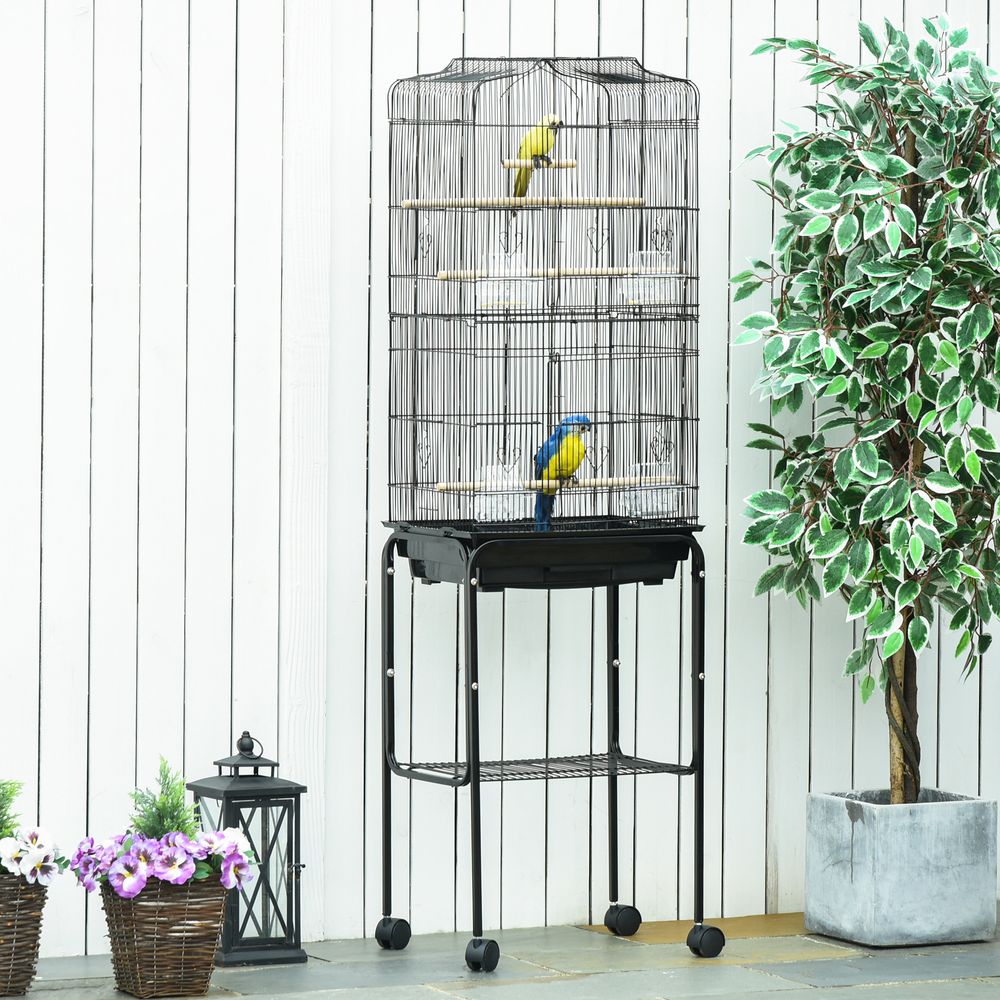 Bird Cage Budgie Cages for Finch Canary Parakeet with Stand Wheels Slide-out Tray Accessories Storage Shelf, Black 46.5 x 36 x 157 cm