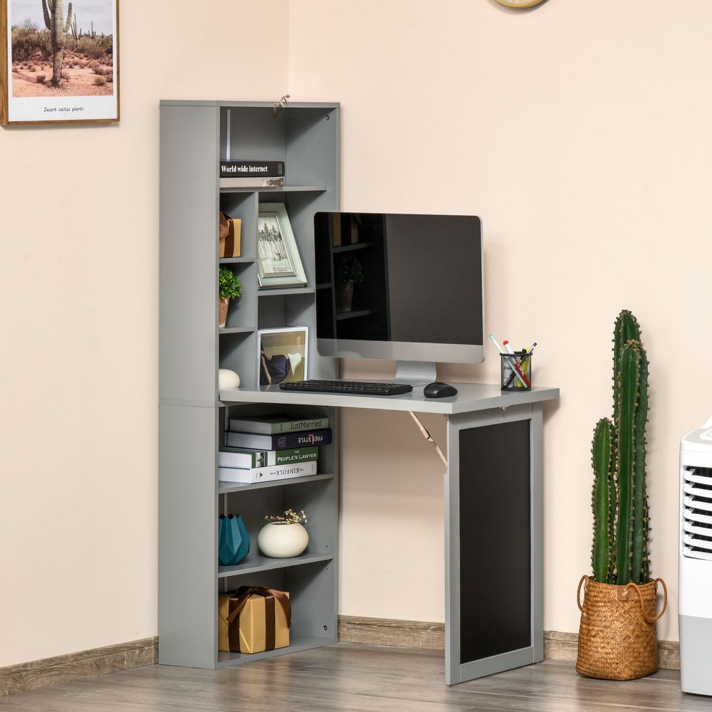 Fold-out Convertible Writing Desk Wall Mount Cabinet with Blackboard and Side Shelf Multi-Function Home Office Workstation, Grey 98 x 51 cm