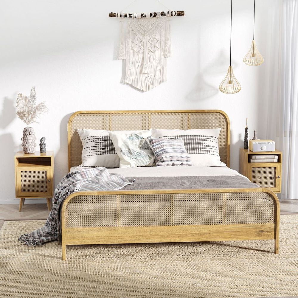 Nightstand, Rattan Bedside Table, Sofa Side Table w/ Cabinet, Shelf