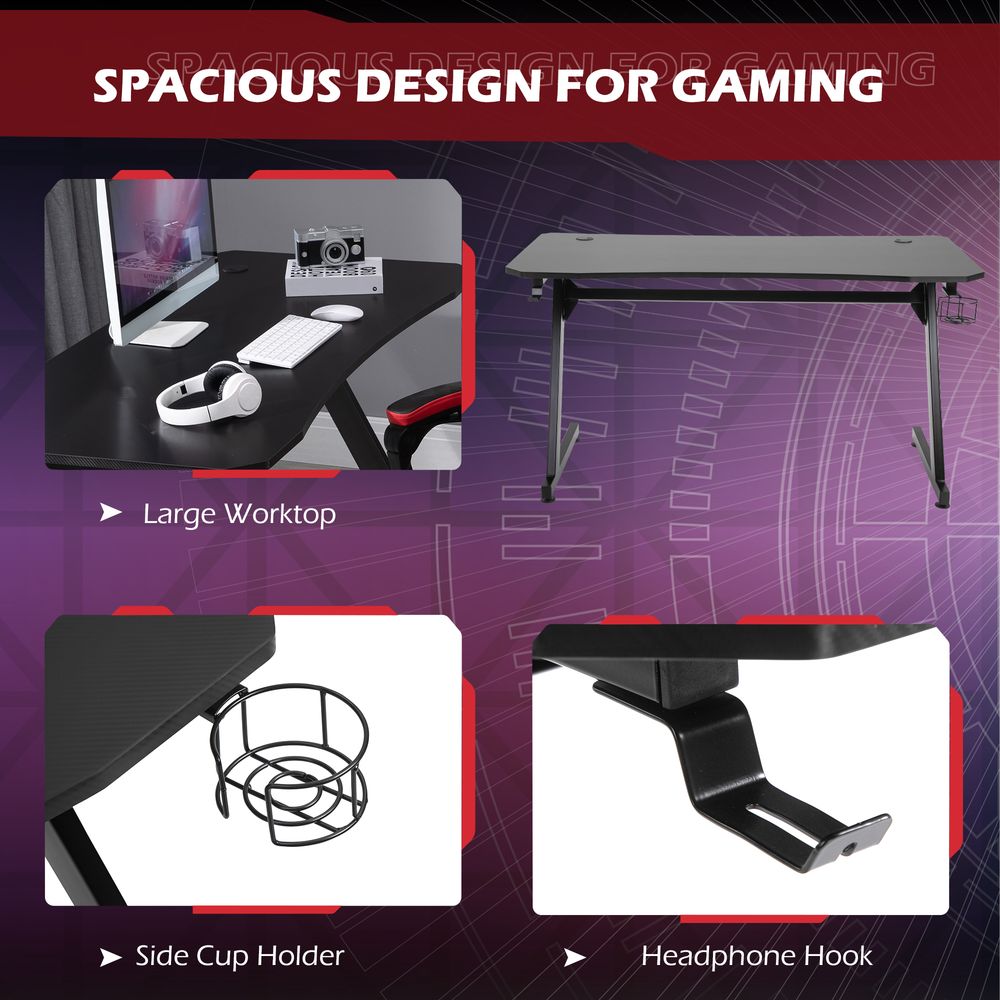 Gaming Desk Steel Frame with Cup Holder, Headphone Hook, Adjustable Feet and Cable Organiser, Home Office Computer Table, Black, Modern, 120 x 65 cm
