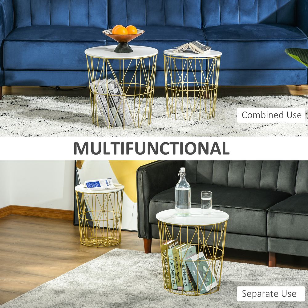 Set of 2 Nesting Side Tables with Storage, Round End Tables Coffee Tables with Steel Frame and Removable Round Top, for Living Room, bedroom, office, White