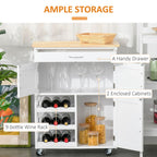 Modern Kitchen Trolley Rolling Island Storage Cart Drawer 9 Bottle Rack White