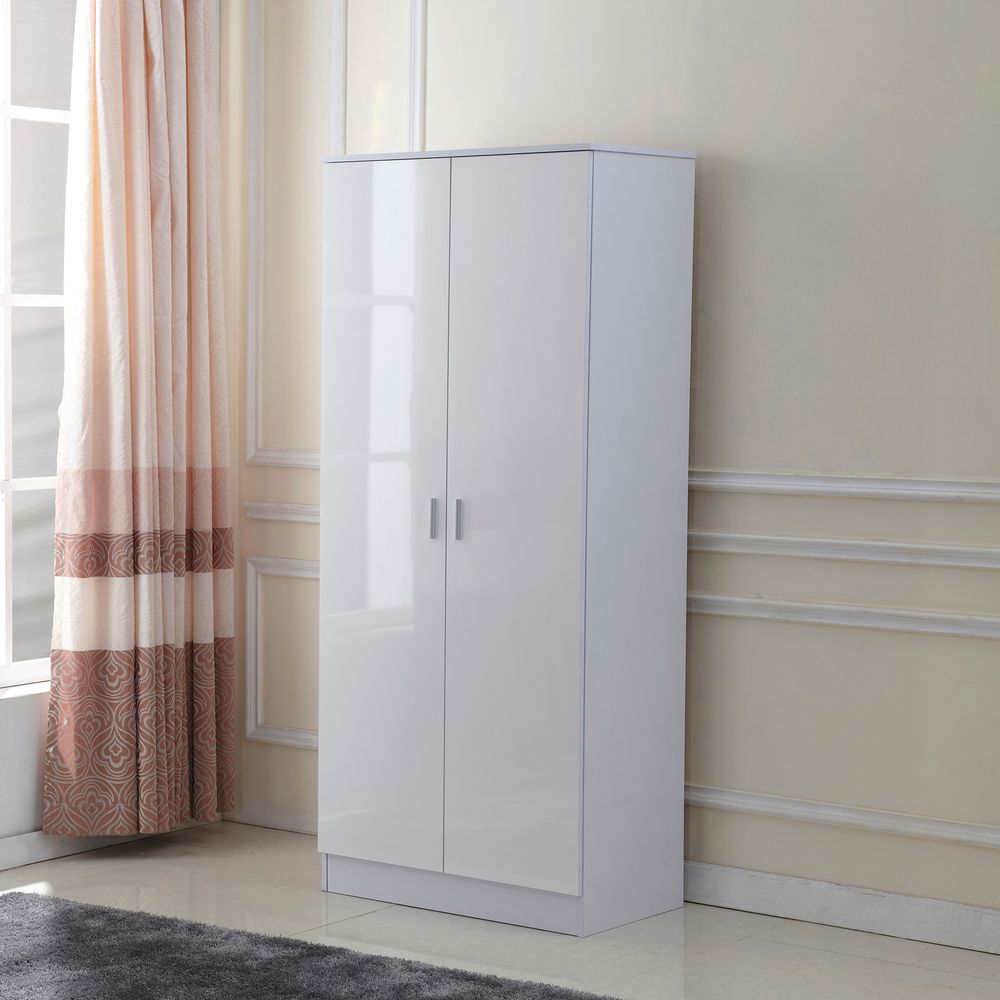 Tall White High Gloss Wardrobes 3Pc Chest Nightstand 7 Drawer - Elegance