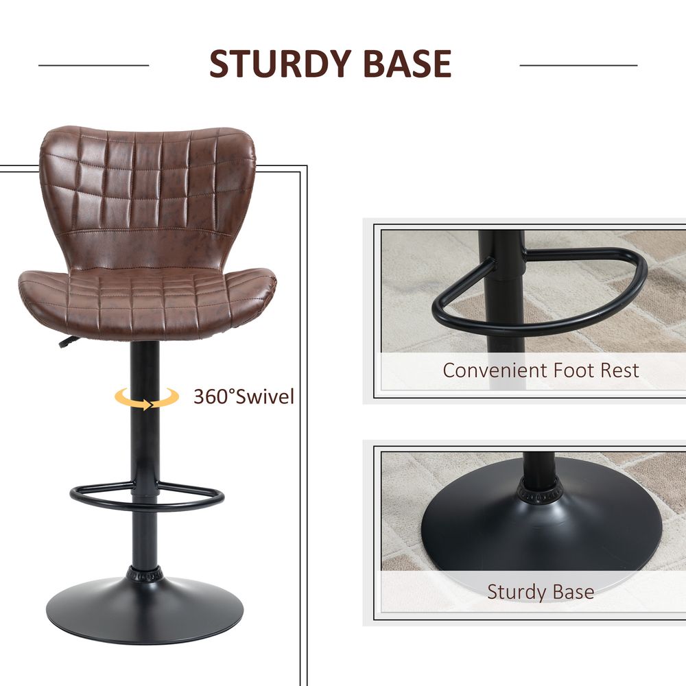 2 Brown PU Leather Swivel Bar Chairs - Adjustable Height, Backrest