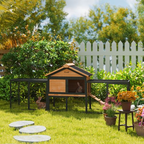 Rabbit Hutch Outdoor with Steel Run Removable Plastic Tray Natural