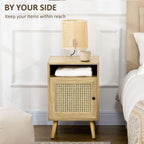 Nightstand, Rattan Bedside Table, Sofa Side Table w/ Cabinet, Shelf
