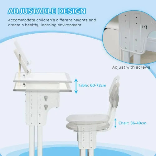 Kids Desk and Chair Set Adjustable Height Study Table Set w/Drawer, Book Stand, Pen Slot - Grey