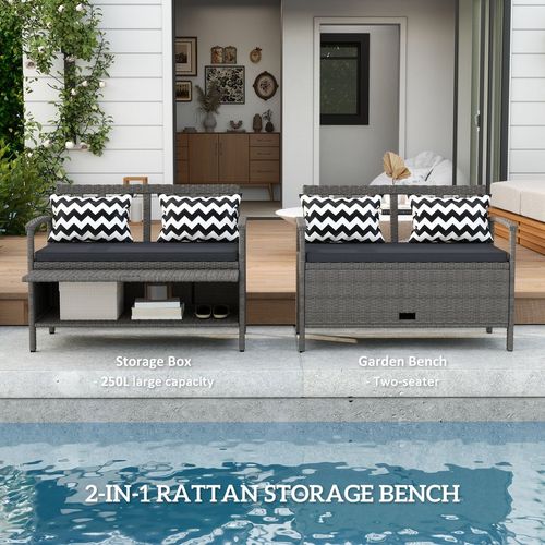 160L Rattan Garden Storage Bench, Cushioned Outdoor Bench, Grey